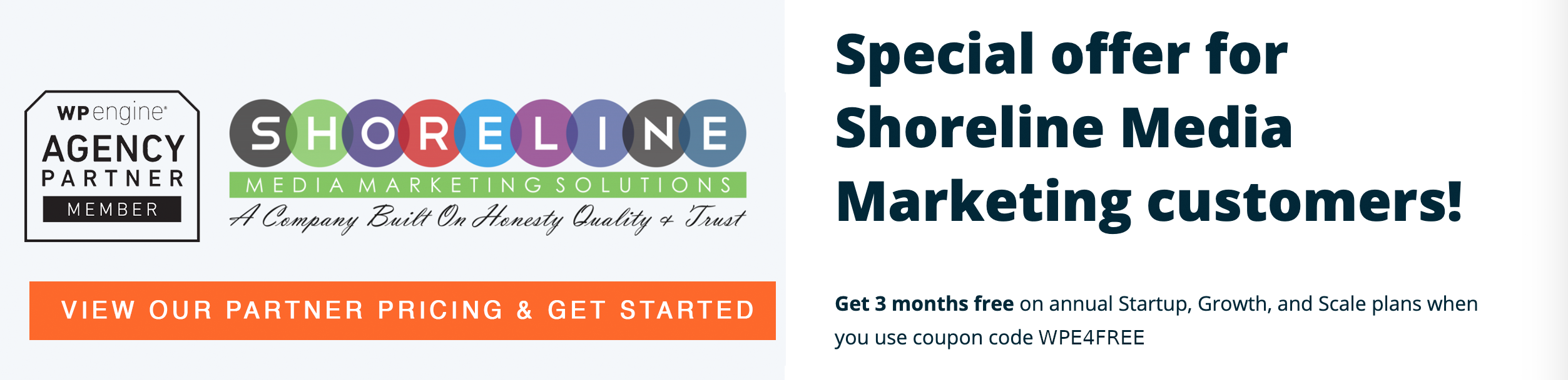 Shoreline Media Marketing Solutions logo with WP Engine partnership badge, promoting special offer for 3 months free on annual hosting plans with coupon code WPE4FREE.